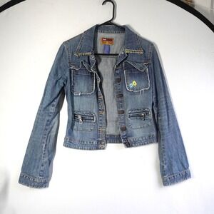VTG Y2K Blue Asphalt Cropped Denim Jacket Medium Wash Floral Embroidered Small